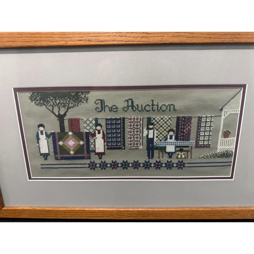 Vintage Amish Folk Art Framed Cross Stitch Set Welcome & The Auction Quilt Theme